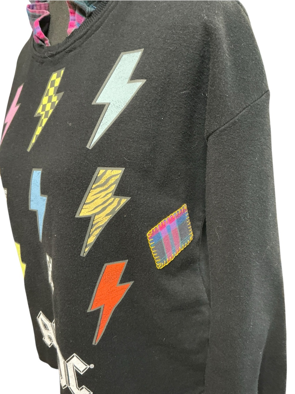 AC/DC Band Upcycled Sweatshirt Lightening Bolts Patches Blanket Stitching Grunge - Picture 4 of 13
